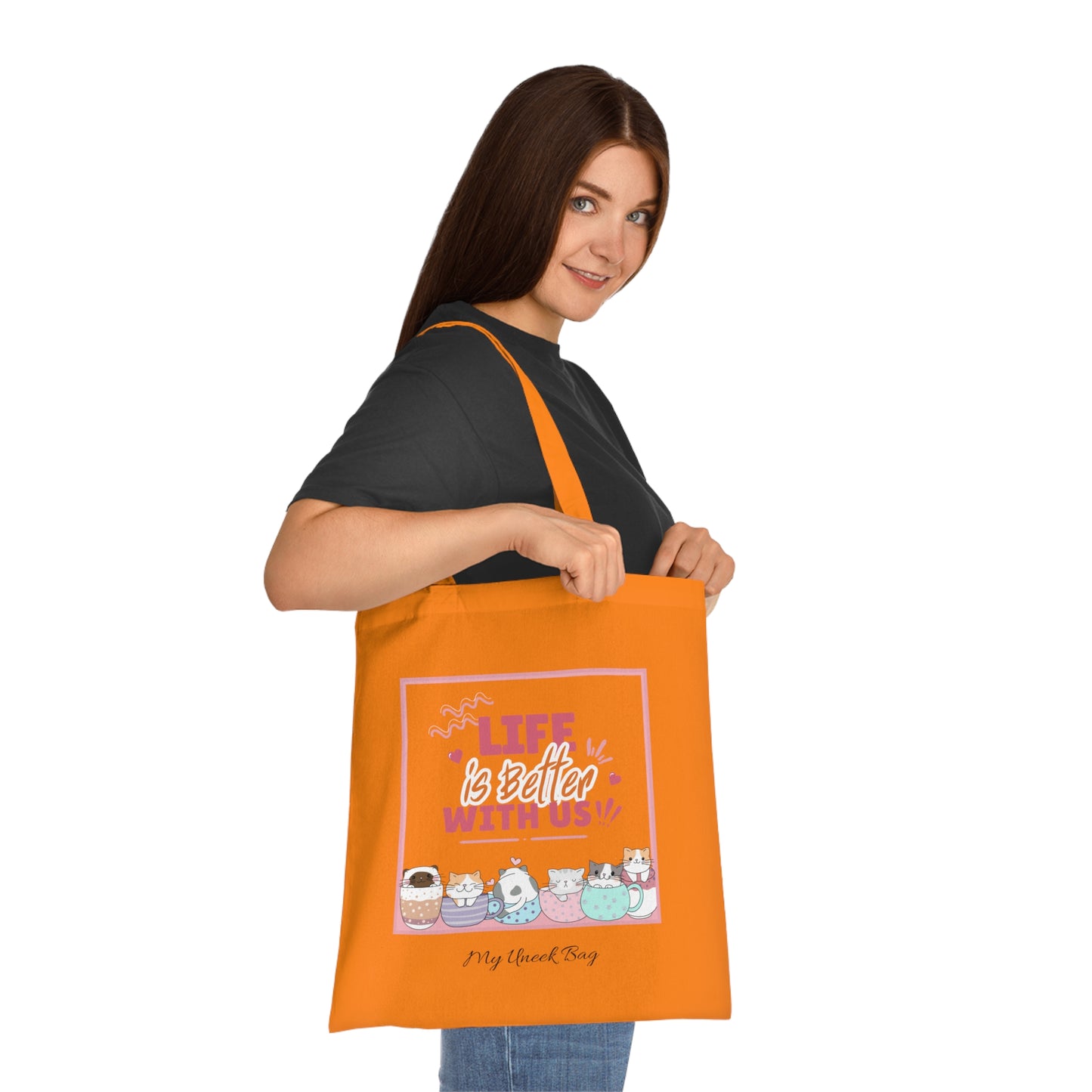 Tote Bag — "Life Is Better With Us" Cute Coffee & Cat Illustration Cotton Tote