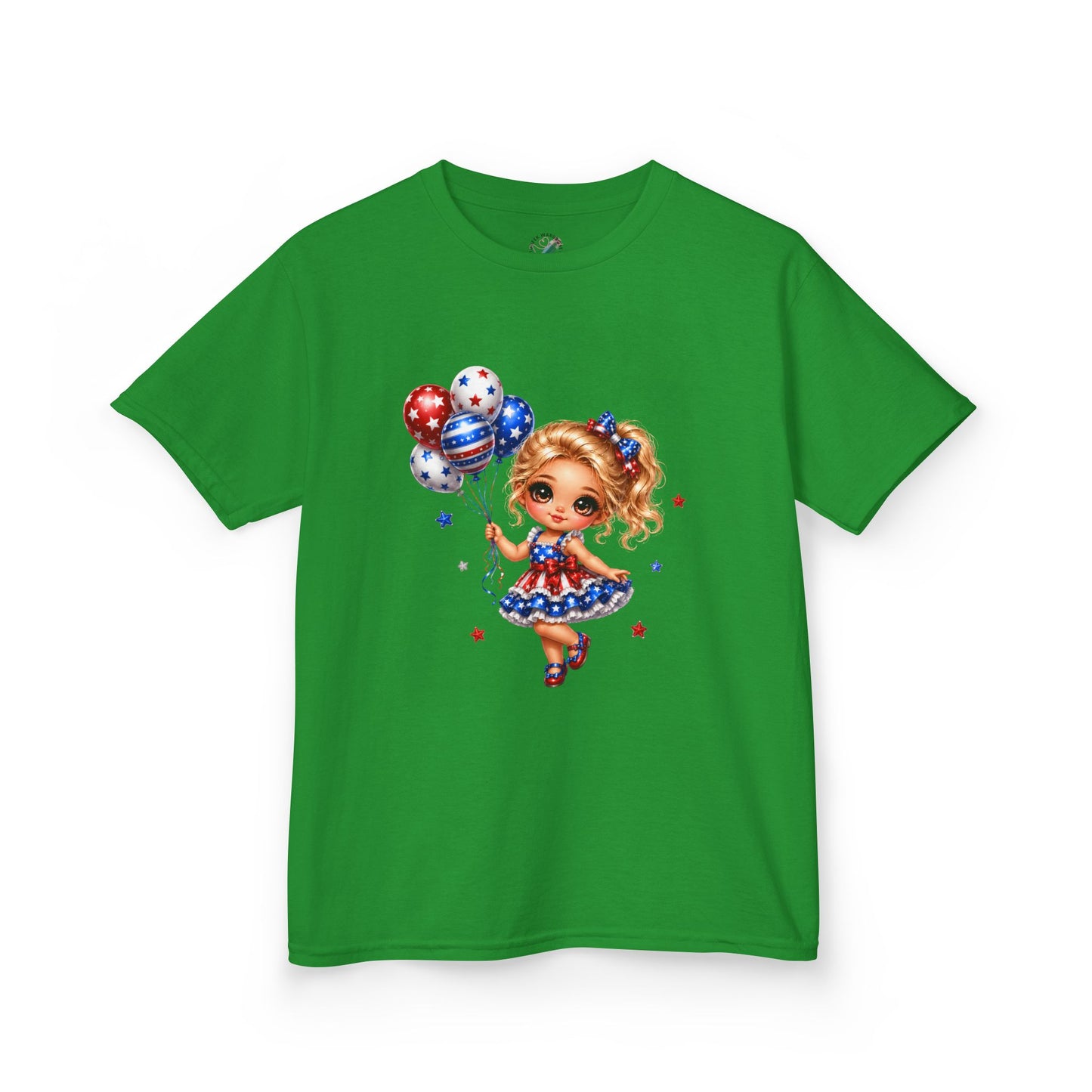 Kids Tee — Cute Patriotic Girl with Stars & Balloons (4th of July)