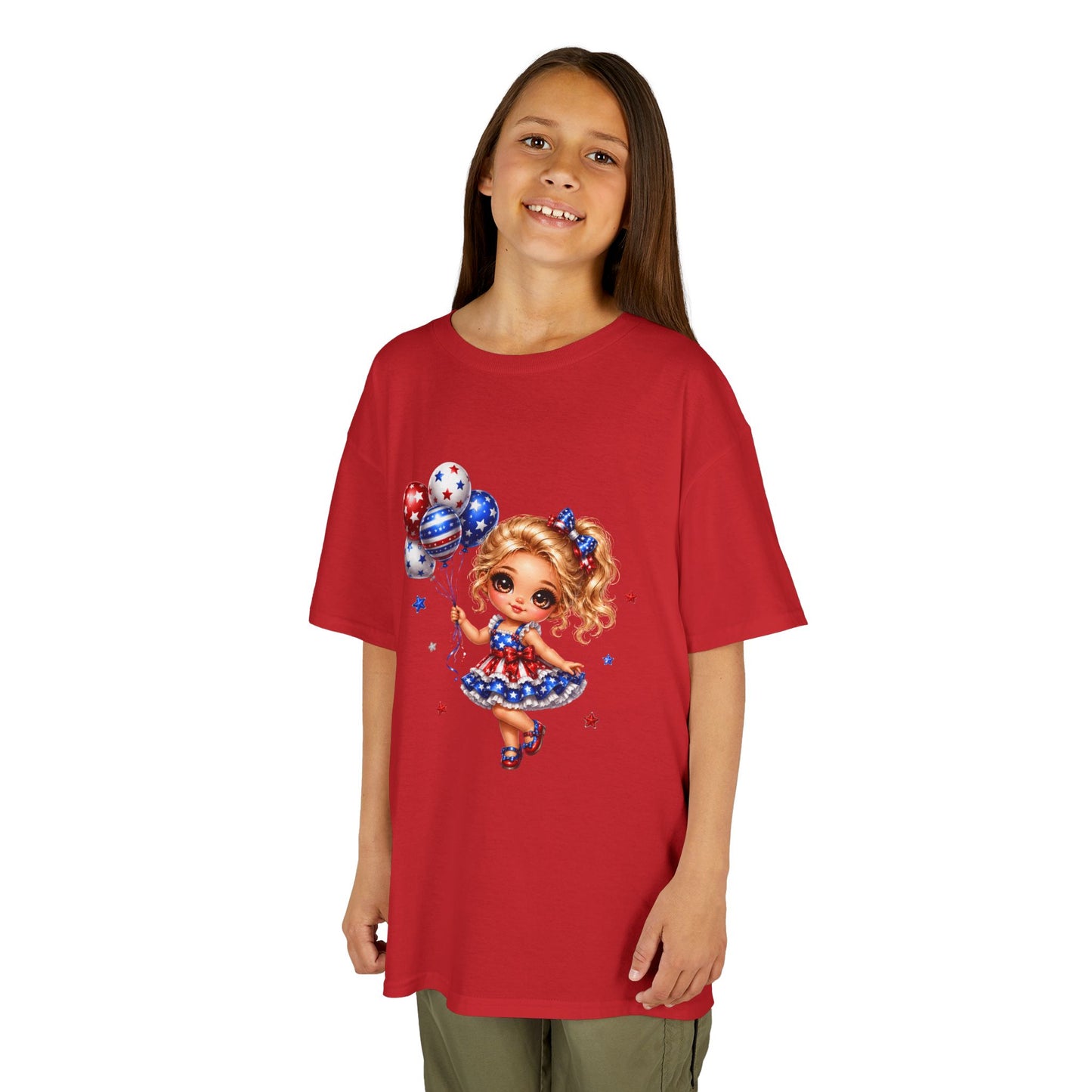 Kids Tee — Cute Patriotic Girl with Stars & Balloons (4th of July)
