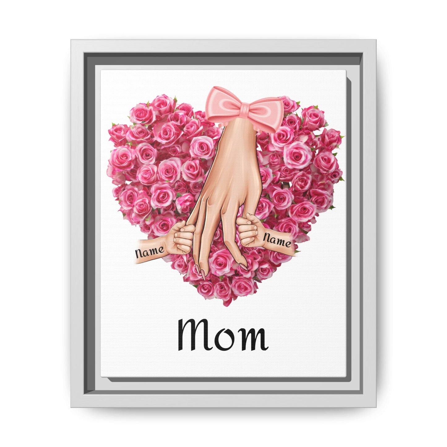 Framed Canvas Wall Art — 'Mom' Heart of Roses with Child Hands (Personalizable Names)
