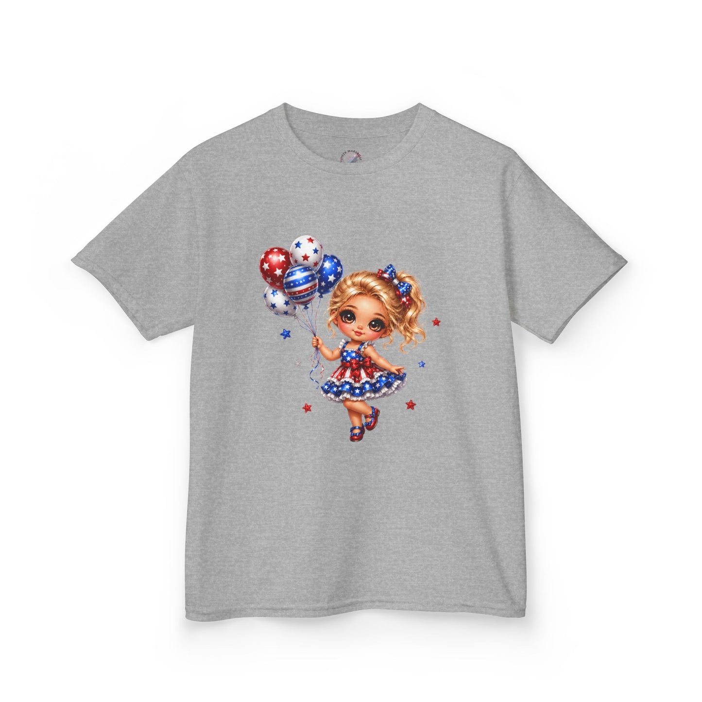 Kids Tee — Cute Patriotic Girl with Stars & Balloons (4th of July)
