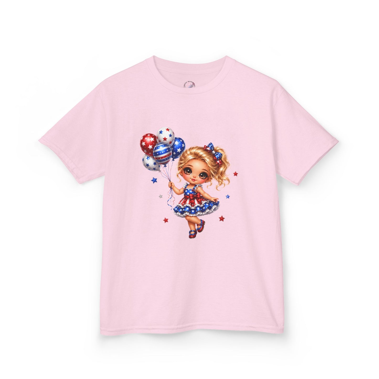 Kids Tee — Cute Patriotic Girl with Stars & Balloons (4th of July)
