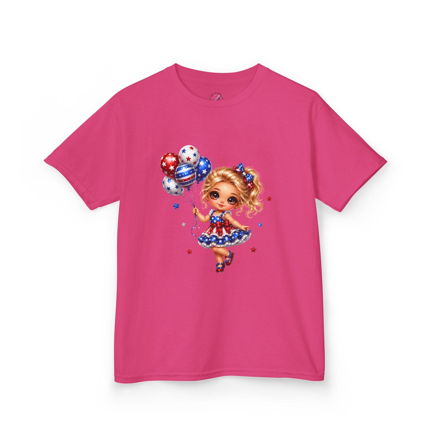 Kids Tee — Cute Patriotic Girl with Stars & Balloons (4th of July)