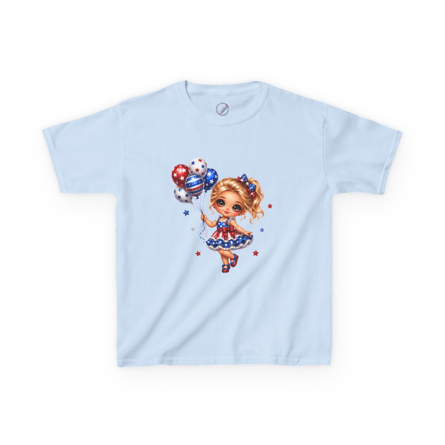 Kids Tee — Cute Patriotic Girl with Stars & Balloons (4th of July)