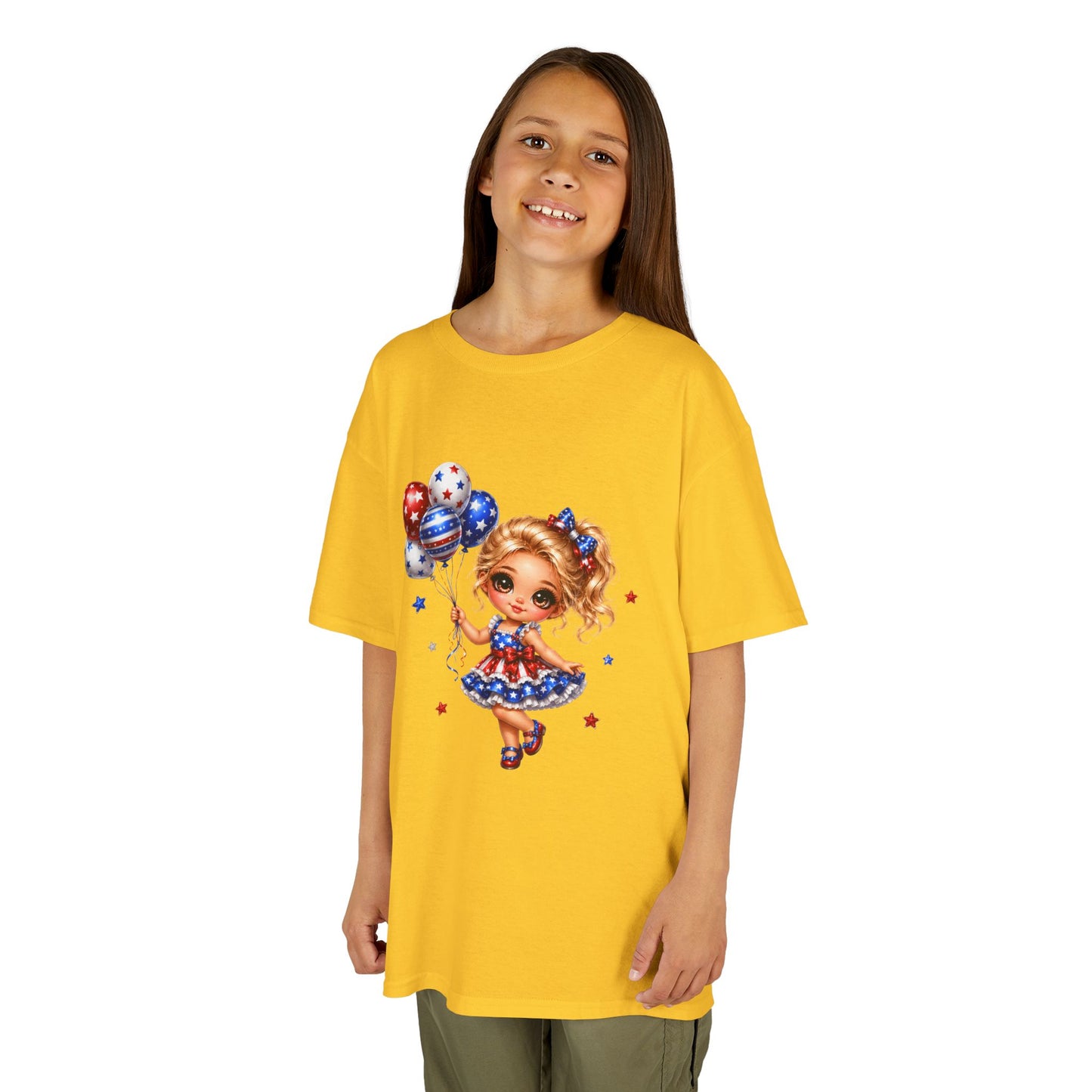 Kids Tee — Cute Patriotic Girl with Stars & Balloons (4th of July)
