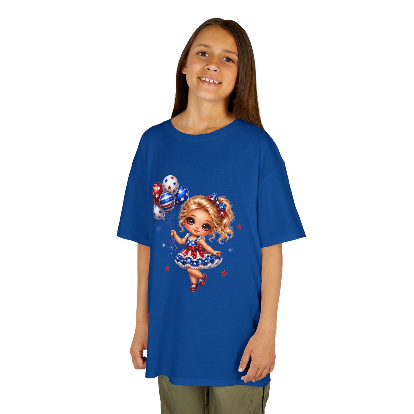 Kids Tee — Cute Patriotic Girl with Stars & Balloons (4th of July)